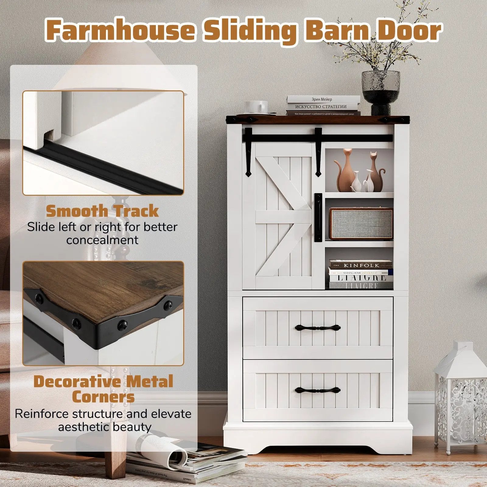 Farmhouse Bathroom Floor Cabinet Freestanding Wooden Storage Organizer-White by DirectDeals