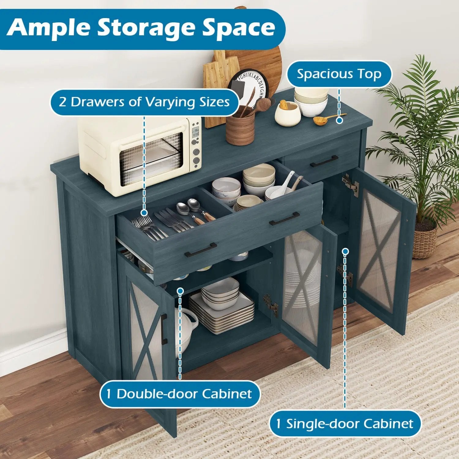Farmhouse Buffet Sideboard 3-Door Kitchen Storage Cabinet with 2 Drawers by DirectDeals