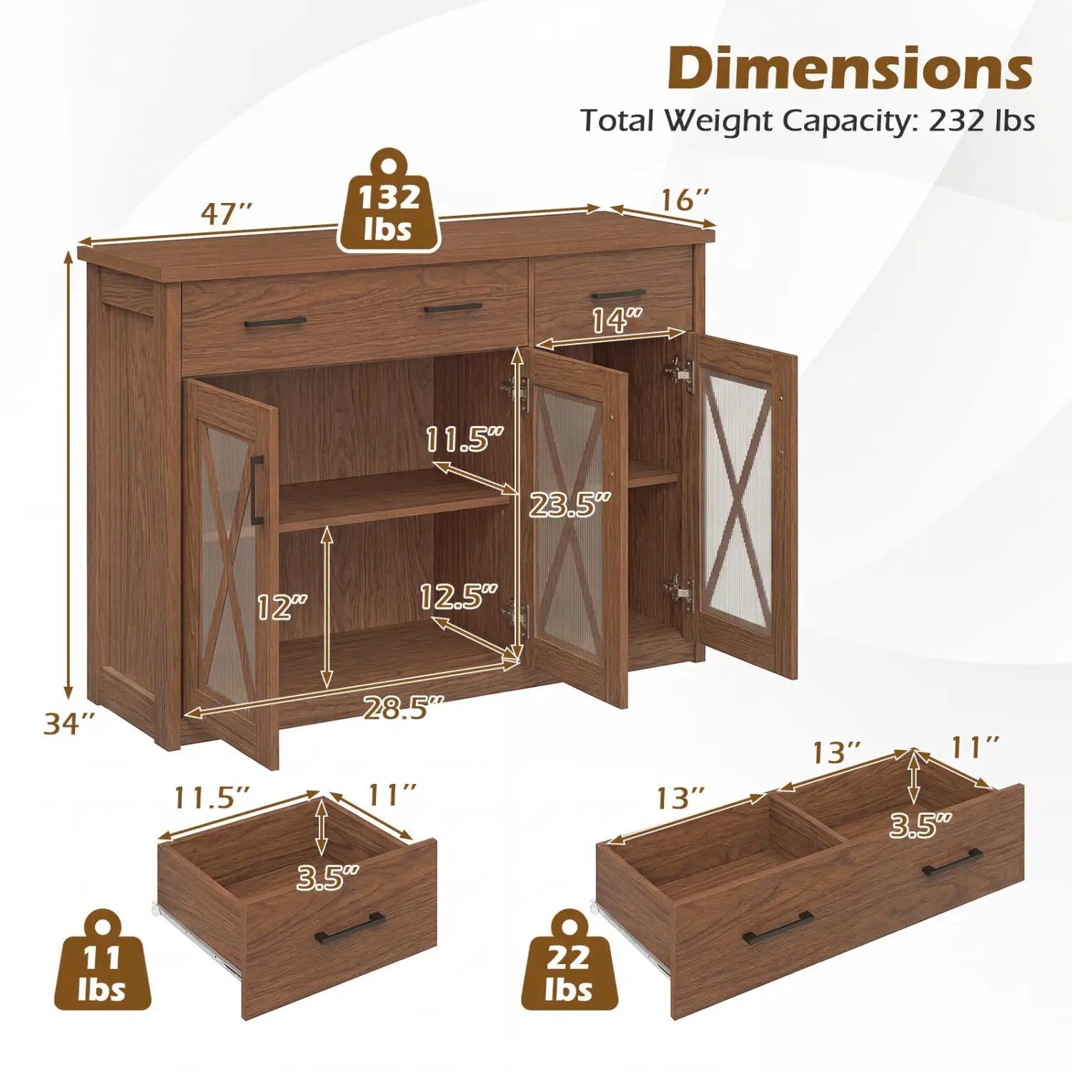 Farmhouse Buffet Sideboard 3-Door Kitchen Storage Cabinet with 2 Drawers by DirectDeals