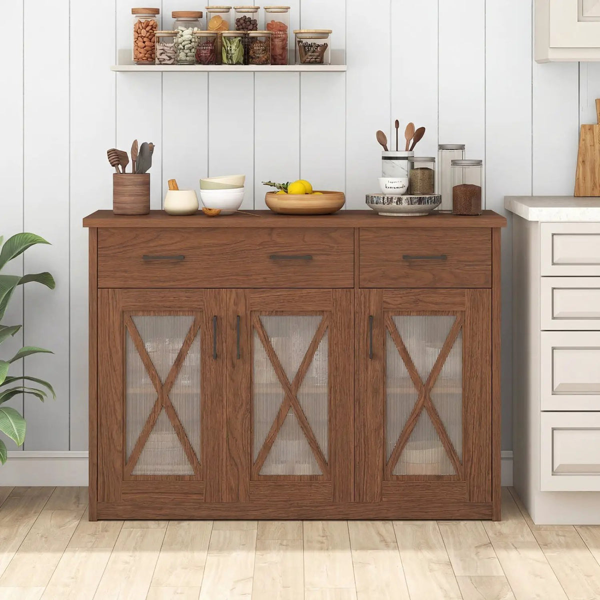 Farmhouse Buffet Sideboard 3-Door Kitchen Storage Cabinet with 2 Drawers, photo 13 of 16