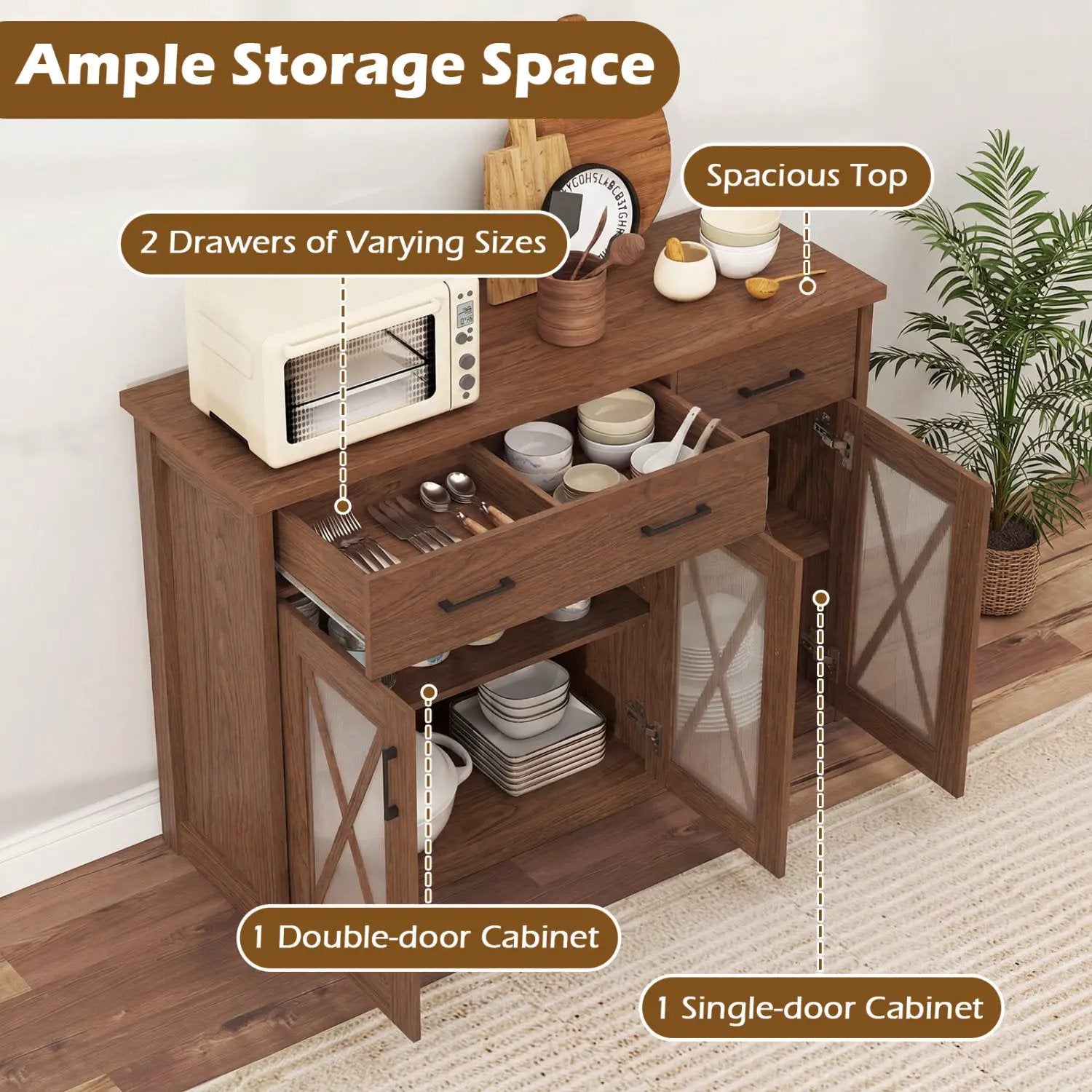 Farmhouse Buffet Sideboard 3-Door Kitchen Storage Cabinet with 2 Drawers by DirectDeals
