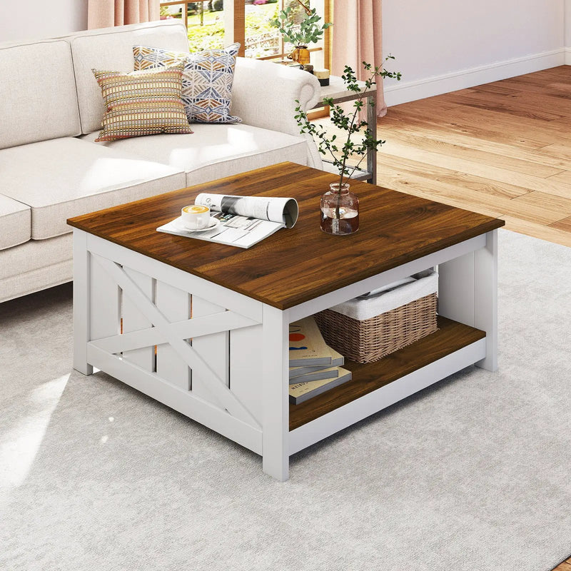 Farmhouse Coffee Table 31 Inch Square Coffee Table with Storage Shelf-White by DirectDeals