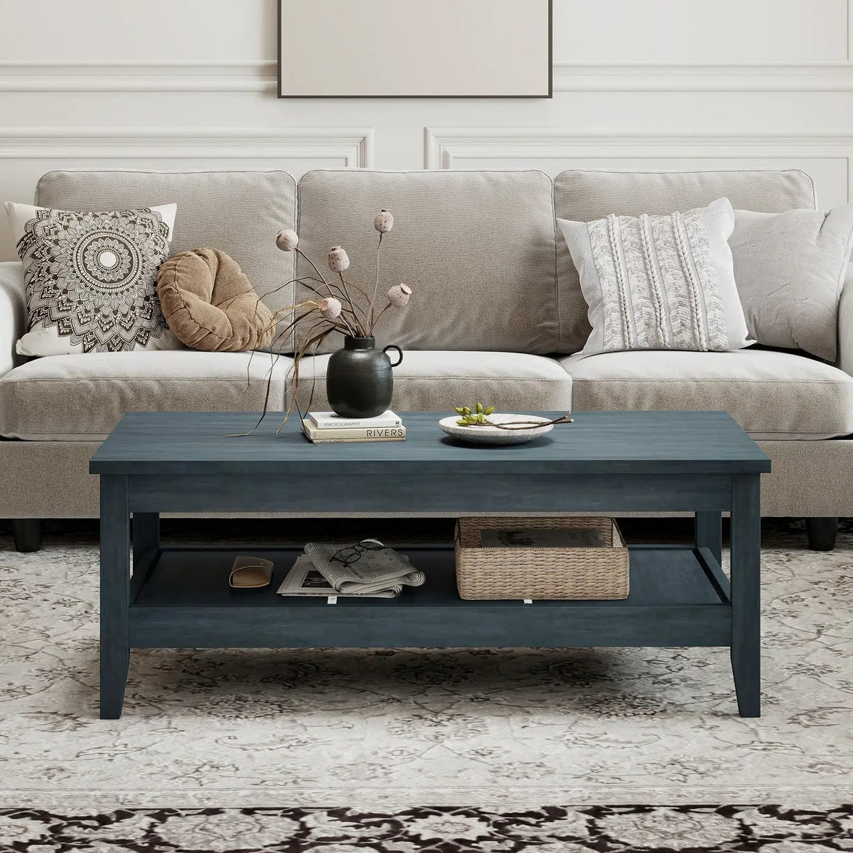 Farmhouse Coffee Table Rustic Cocktail Center Table with Thickened Tabletop, photo 13 of 16