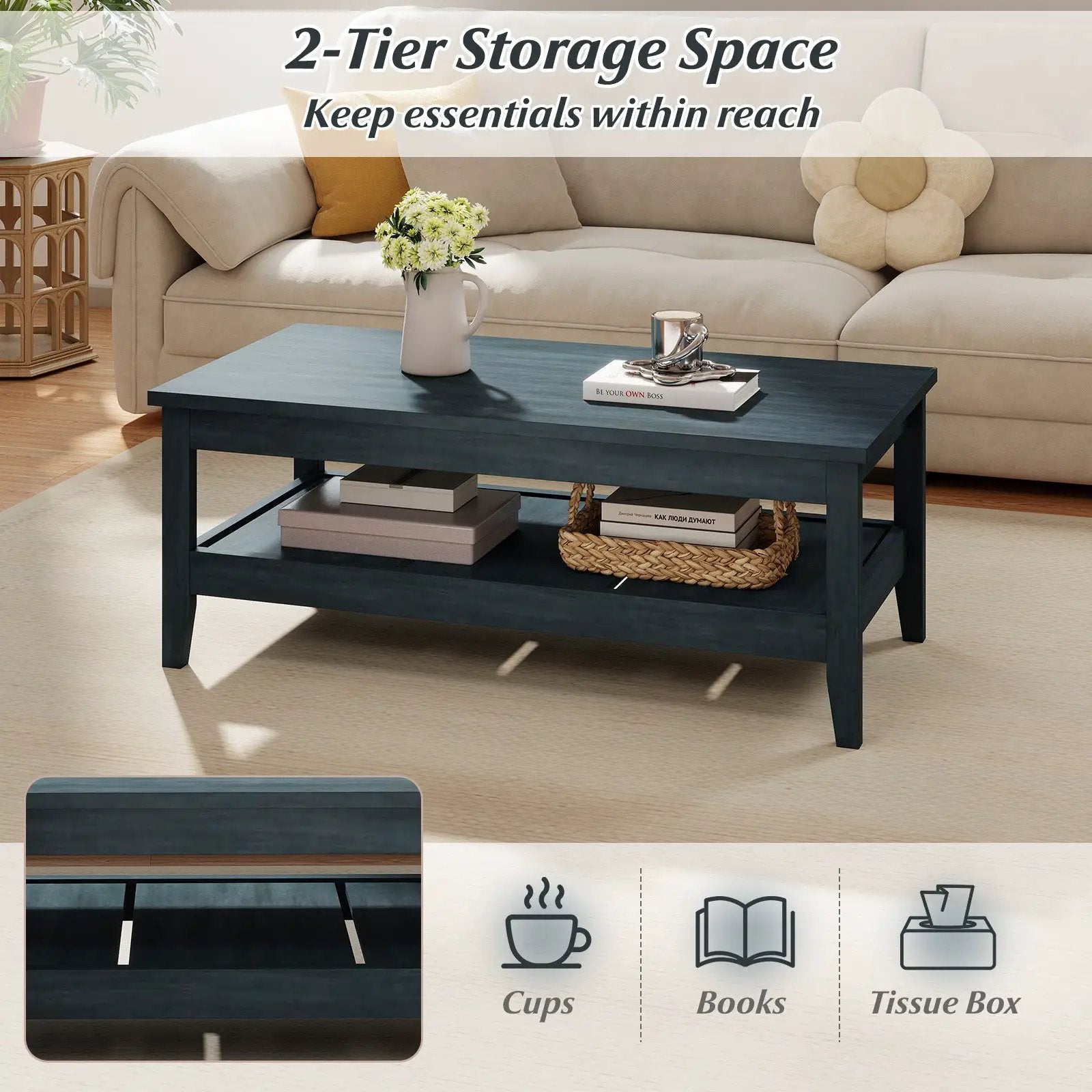 Farmhouse Coffee Table Rustic Cocktail Center Table with Thickened Tabletop by DirectDeals