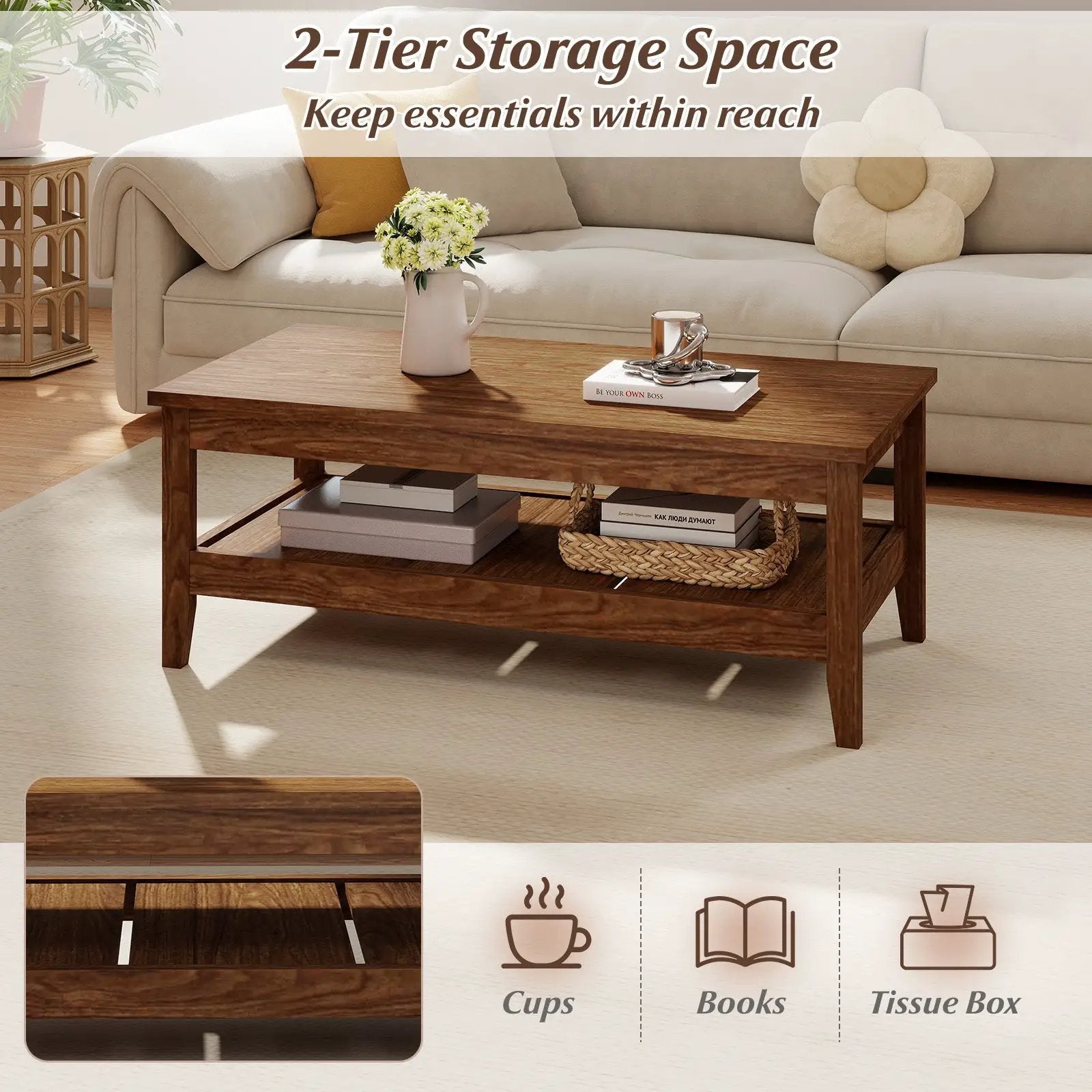 Farmhouse Coffee Table Rustic Cocktail Center Table with Thickened Tabletop by DirectDeals
