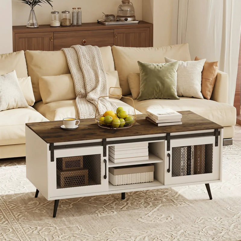 Farmhouse Coffee Table with Sliding Doors and Adjustable Shelf by DirectDeals