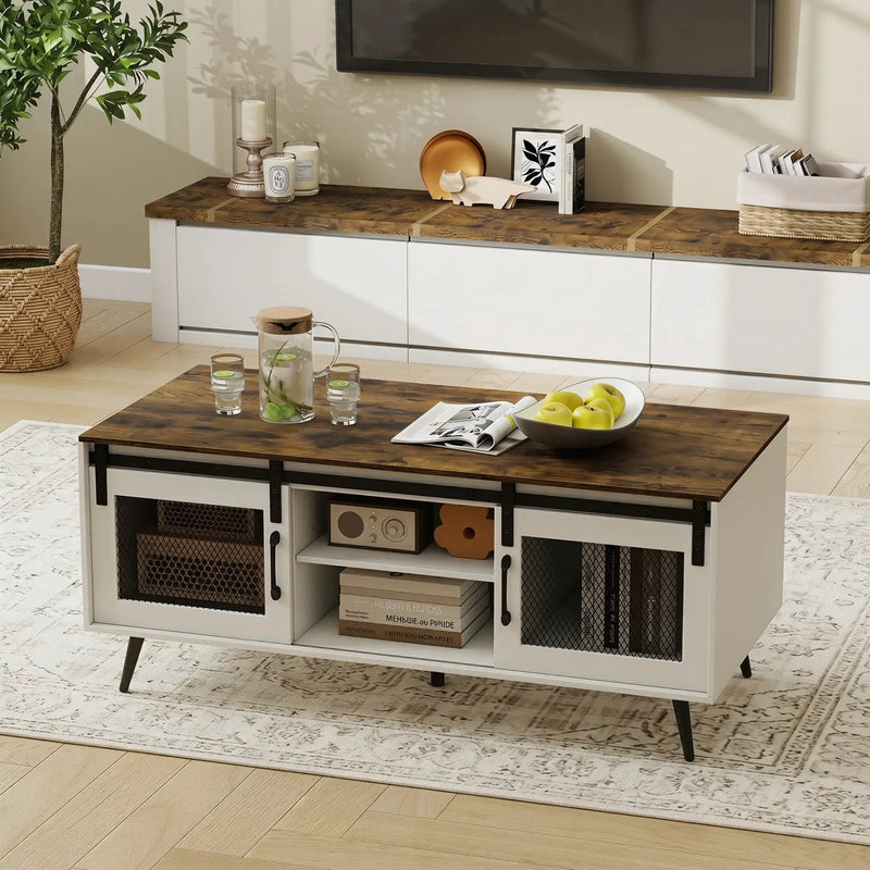 Farmhouse Coffee Table with Sliding Doors and Adjustable Shelf by DirectDeals