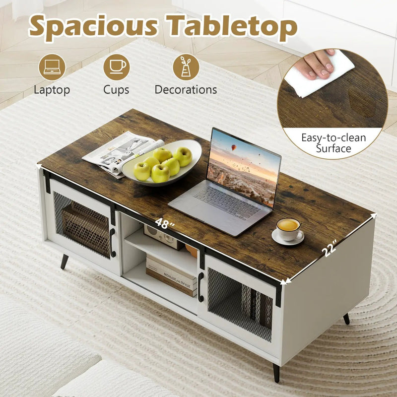 Farmhouse Coffee Table with Sliding Doors and Adjustable Shelf by DirectDeals