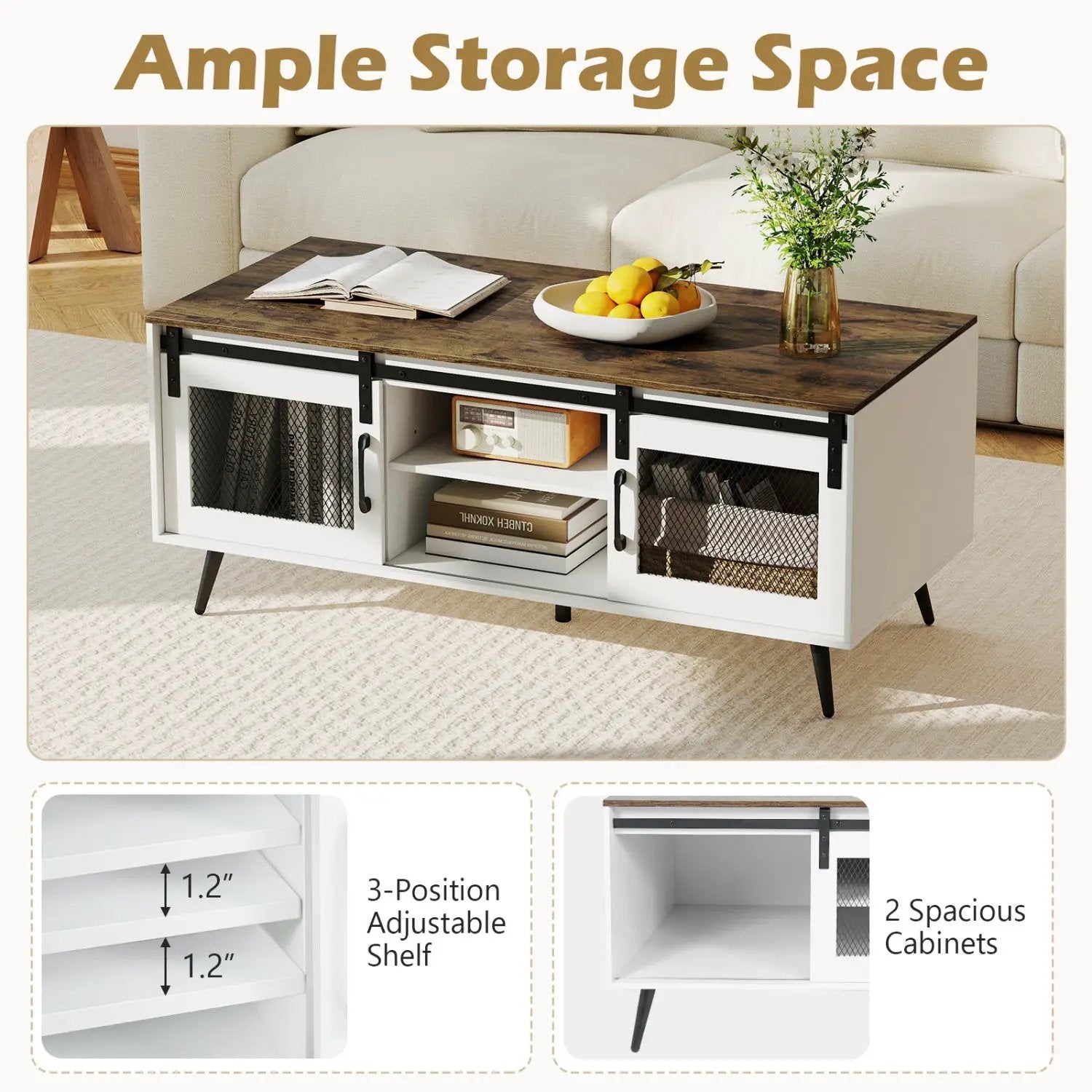 Farmhouse Coffee Table with Sliding Doors and Adjustable Shelf by DirectDeals