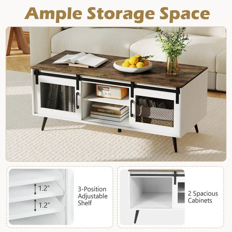 Farmhouse Coffee Table with Sliding Doors and Adjustable Shelf by DirectDeals
