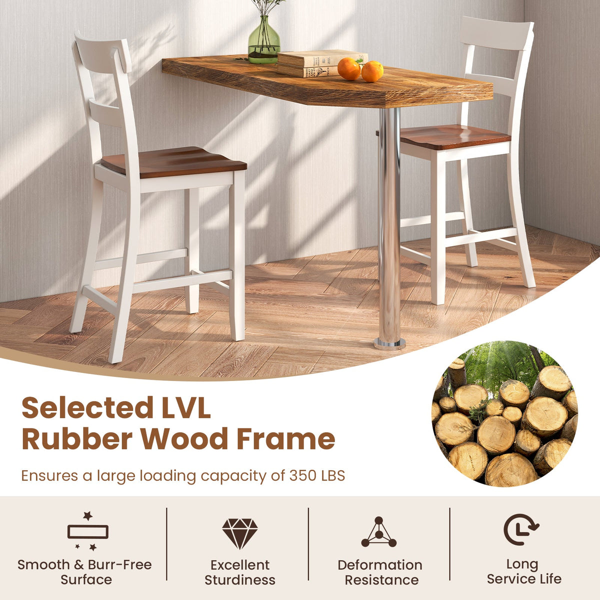 Farmhouse Dining Bar Stool Set of 2 with Solid Rubber Wood Frame, photo 6 of 9