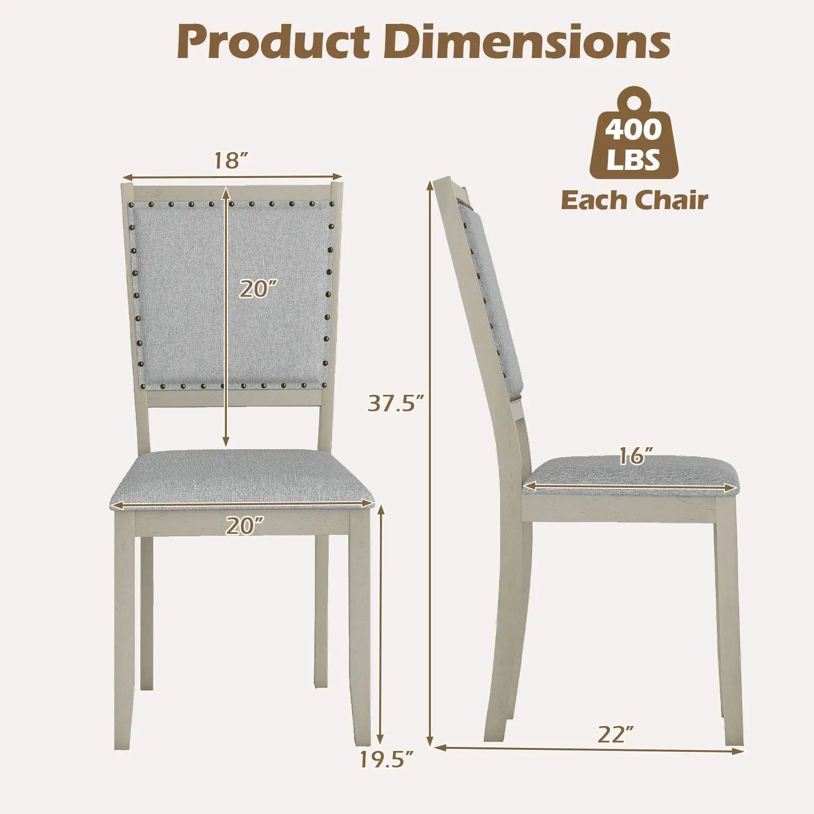 Farmhouse Dining Chair Set of 2 Fabric Upholstered Kitchen Chairs-Grey by DirectDeals