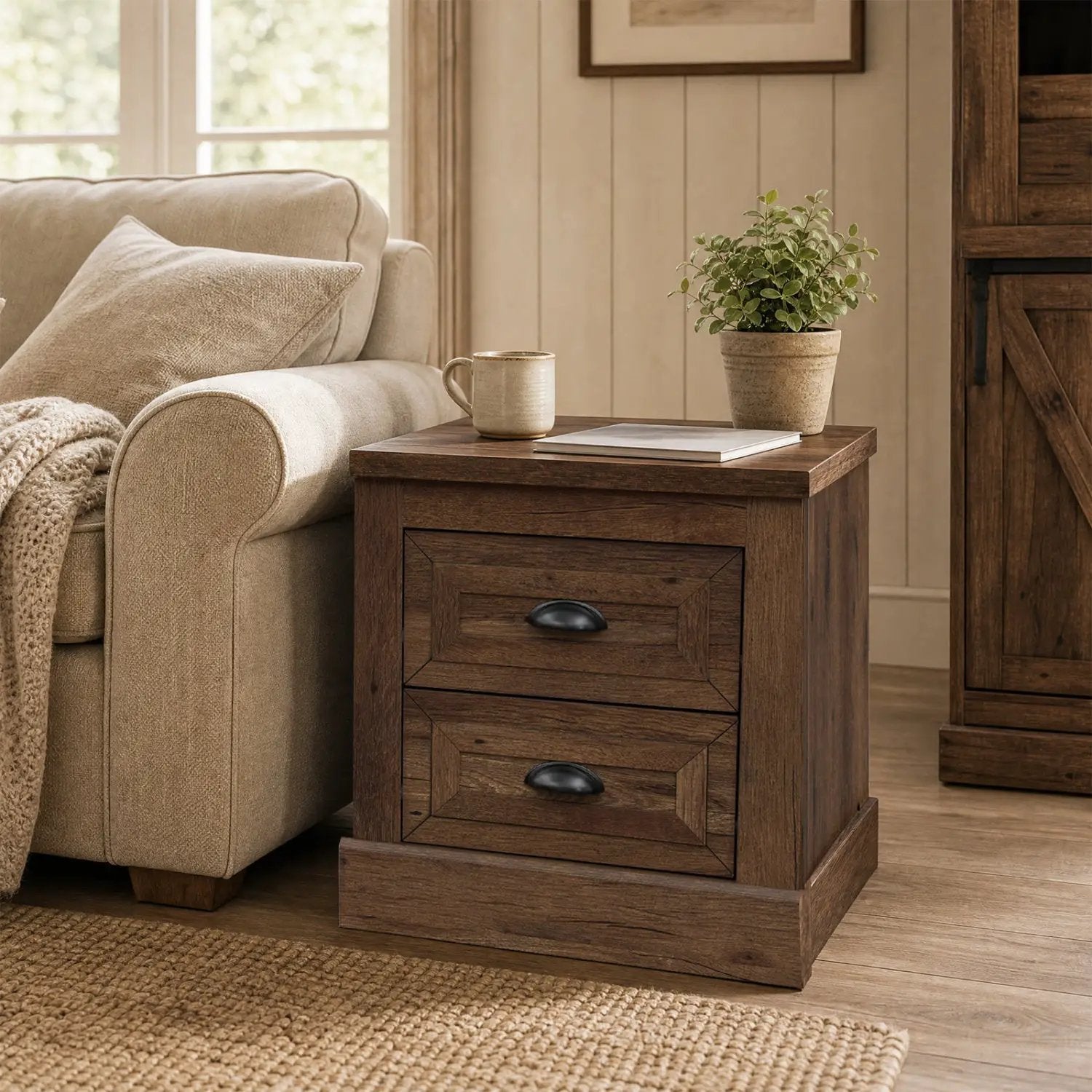 2-Drawer Nightstand with Storage - Farmhouse Brown Finish by DirectDeals