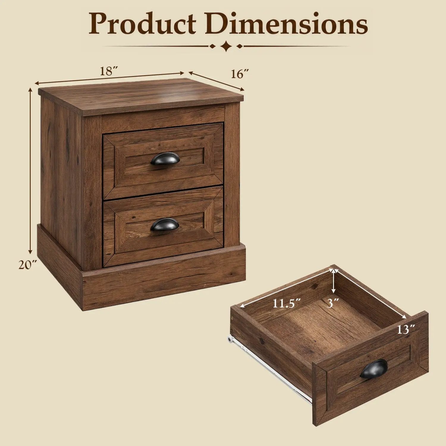 2-Drawer Nightstand with Storage - Farmhouse Brown Finish by DirectDeals