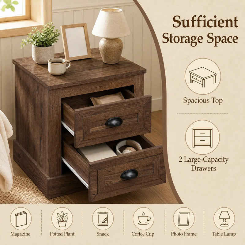 2-Drawer Nightstand with Storage - Farmhouse Brown Finish by DirectDeals