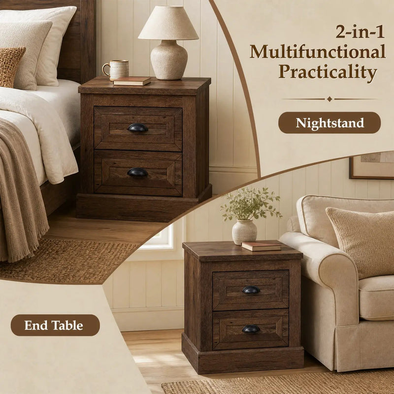 2-Drawer Nightstand with Storage - Farmhouse Brown Finish by DirectDeals