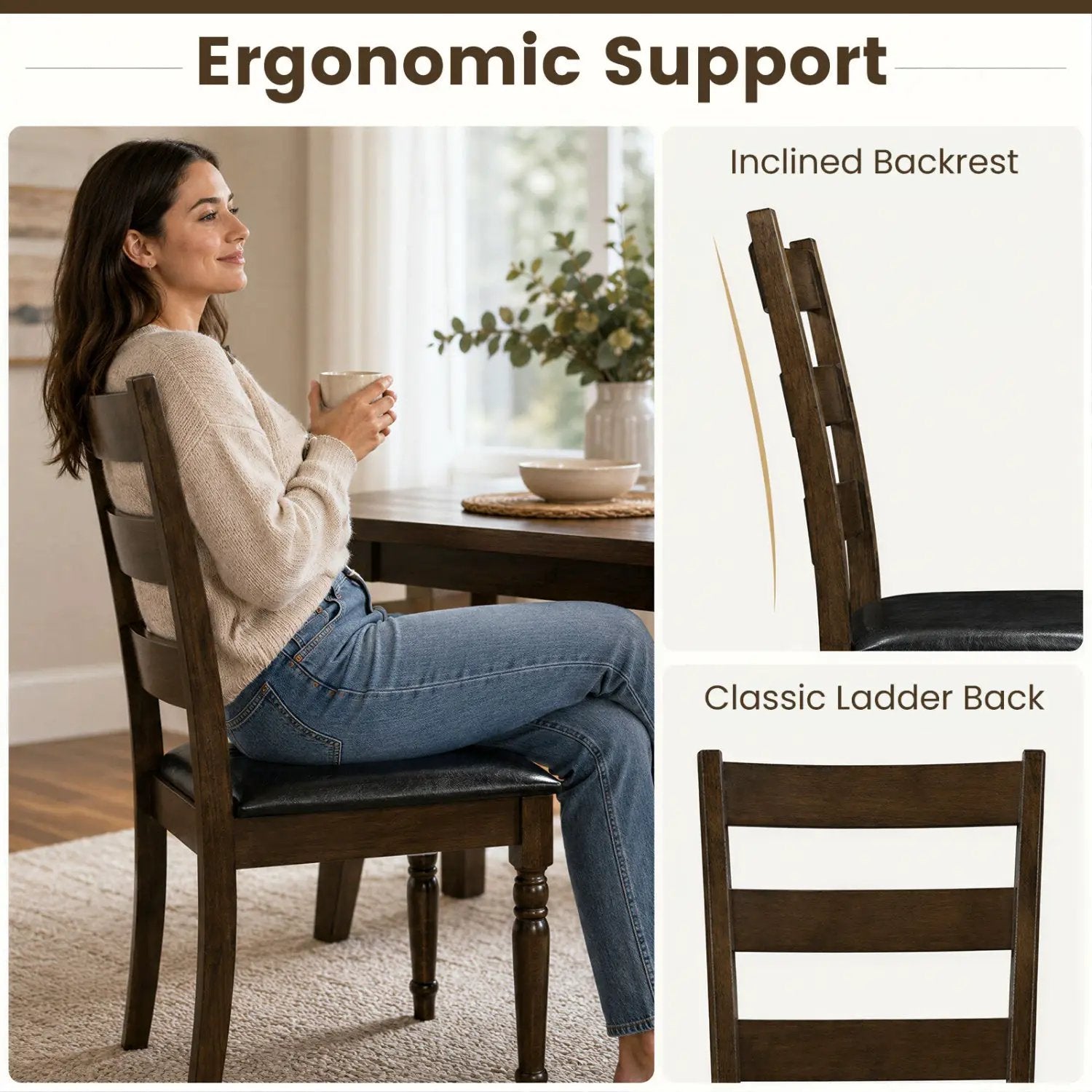 Upholstered Dining Chairs Set of 2 - Farmhouse Ladder Back by DirectDeals