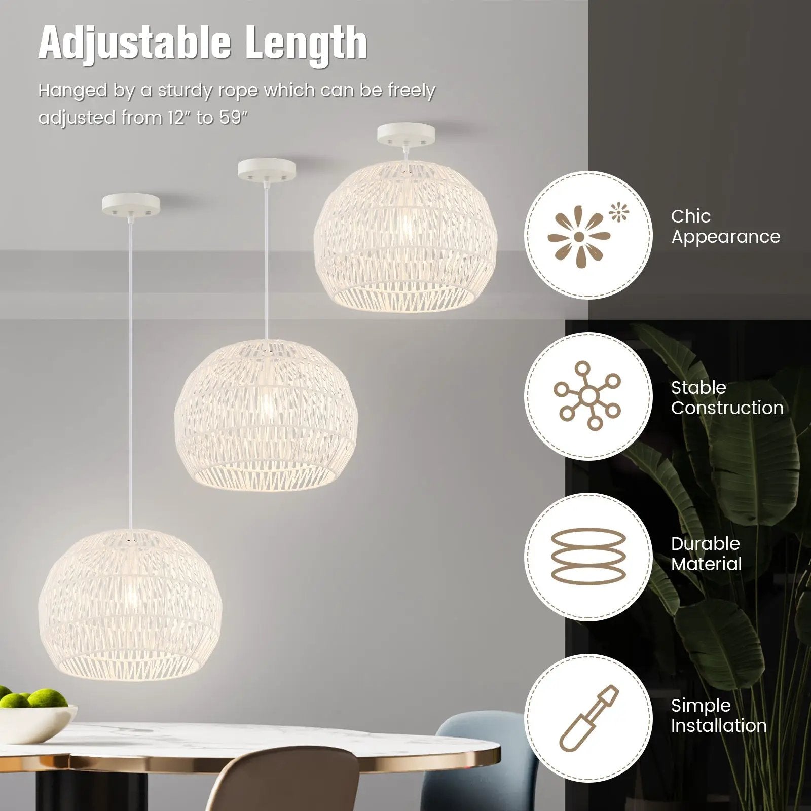 Round Farmhouse Rattan Pendant Lights with Adjustable Hanging Rope-Beige by DirectDeals