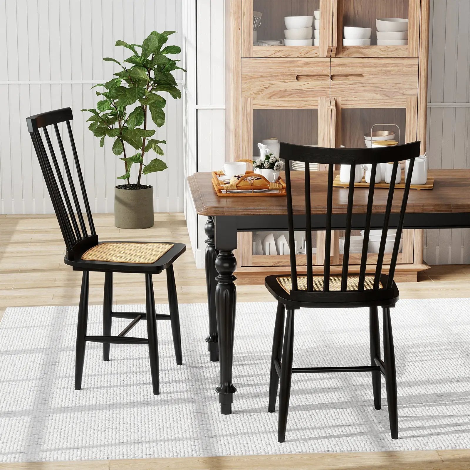 Farmhouse Solid Rubber Wood Dining Chairs Set of 2 with PE Rattan Seats-Black by DirectDeals