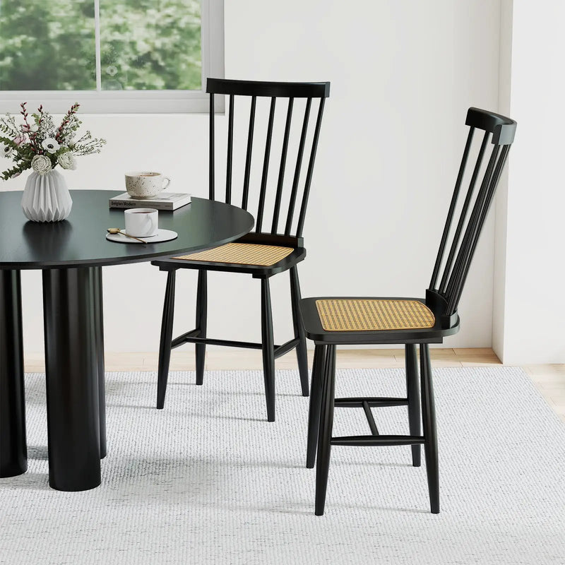 Farmhouse Solid Rubber Wood Dining Chairs Set of 2 with PE Rattan Seats-Black by DirectDeals
