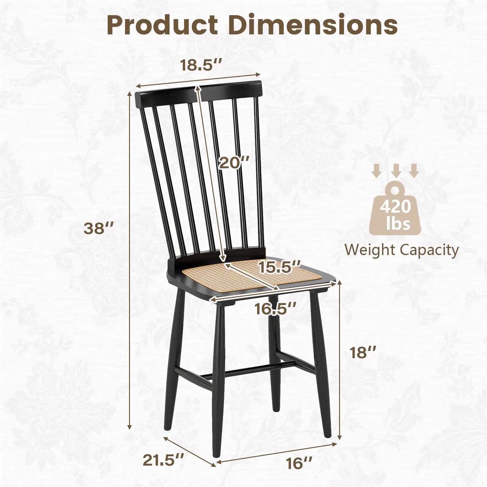 Farmhouse Solid Rubber Wood Dining Chairs Set of 2 with PE Rattan Seats-Black by DirectDeals