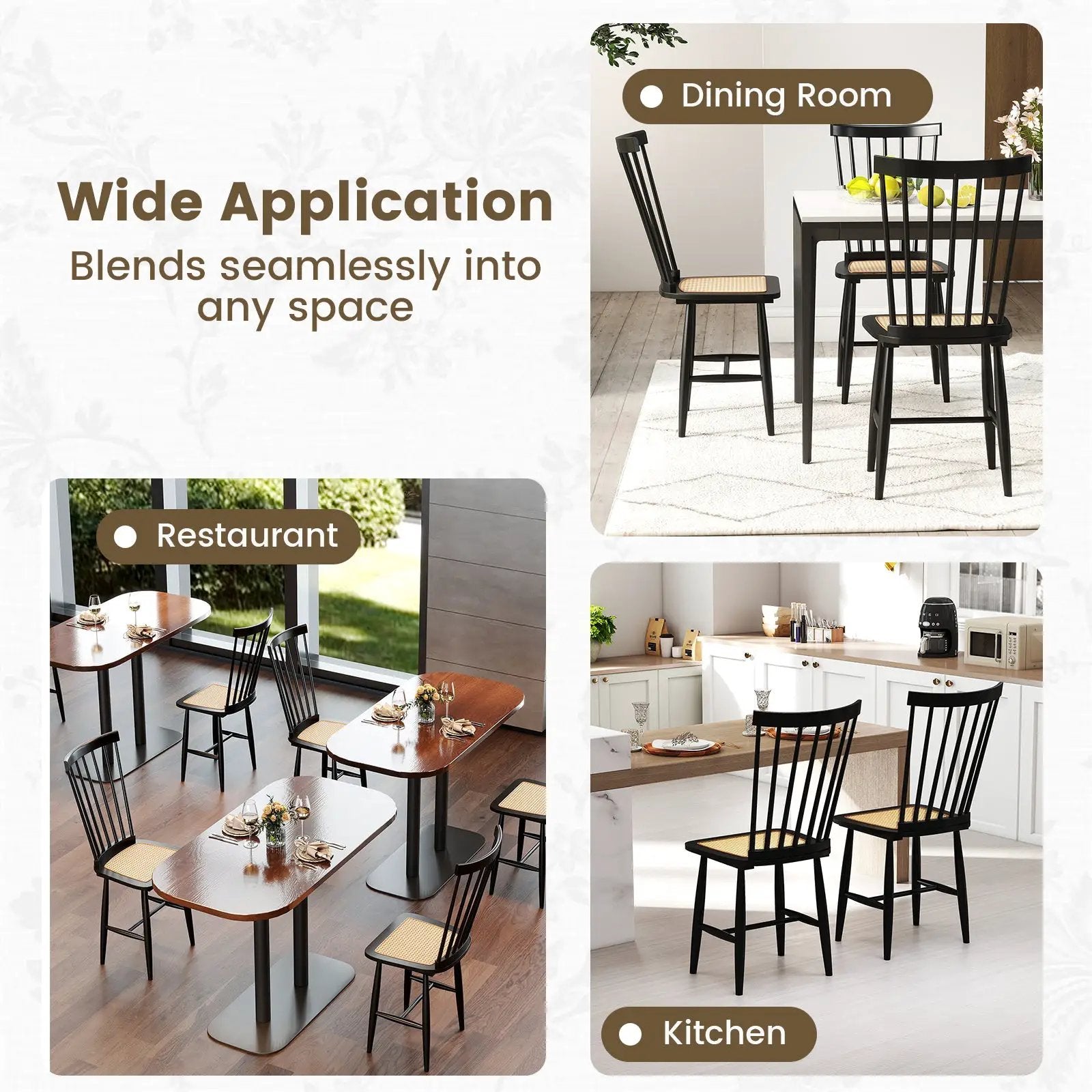 Farmhouse Solid Rubber Wood Dining Chairs Set of 2 with PE Rattan Seats-Black by DirectDeals