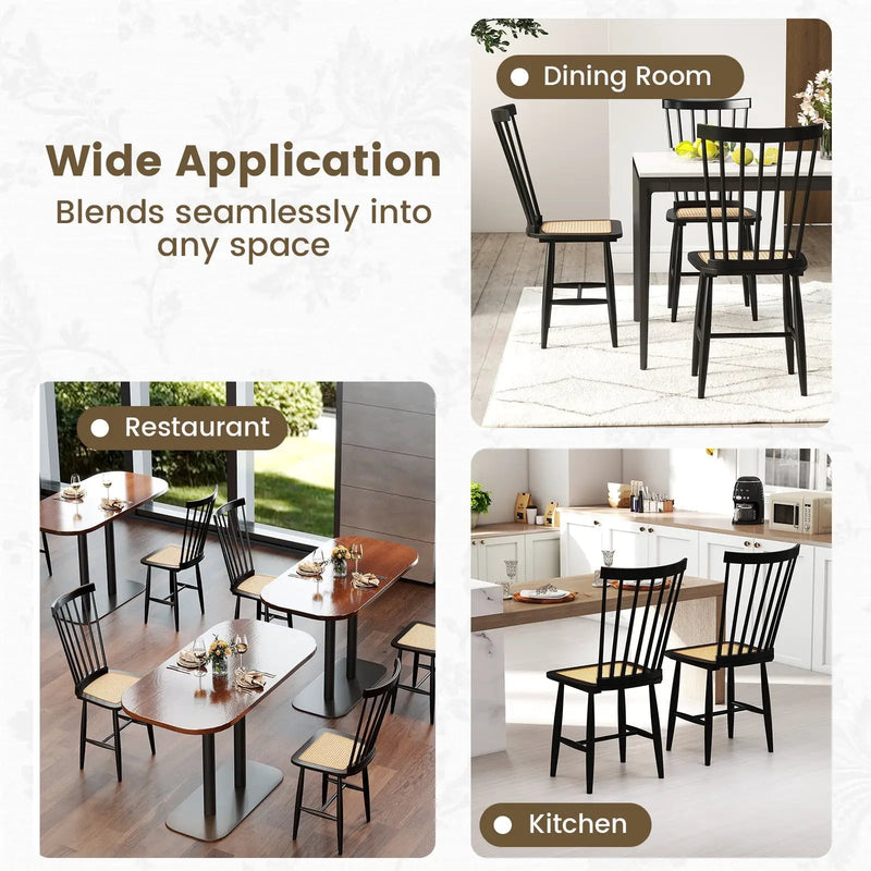 Farmhouse Solid Rubber Wood Dining Chairs Set of 2 with PE Rattan Seats-Black by DirectDeals