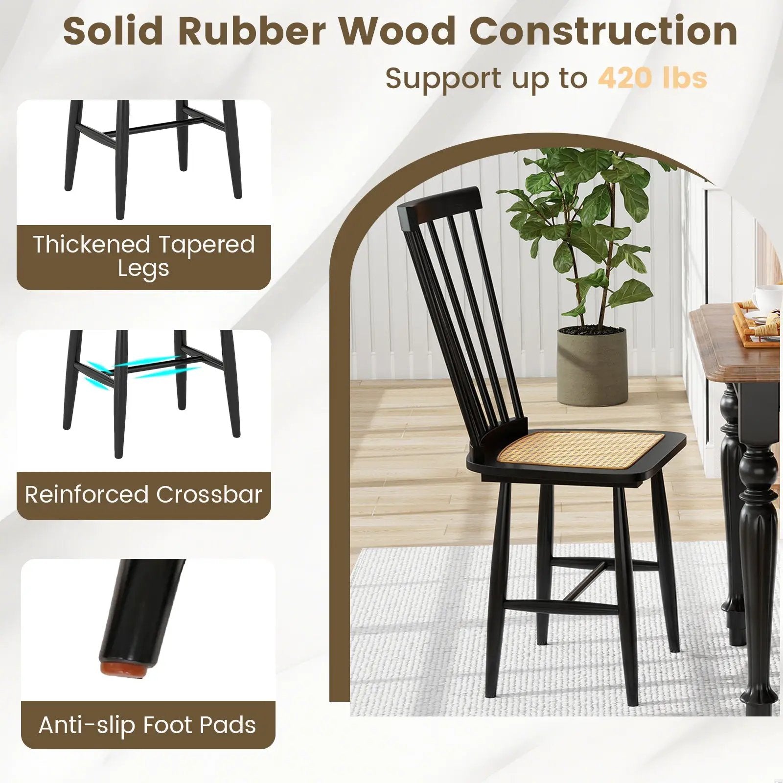 Farmhouse Solid Rubber Wood Dining Chairs Set of 2 with PE Rattan Seats-Black by DirectDeals