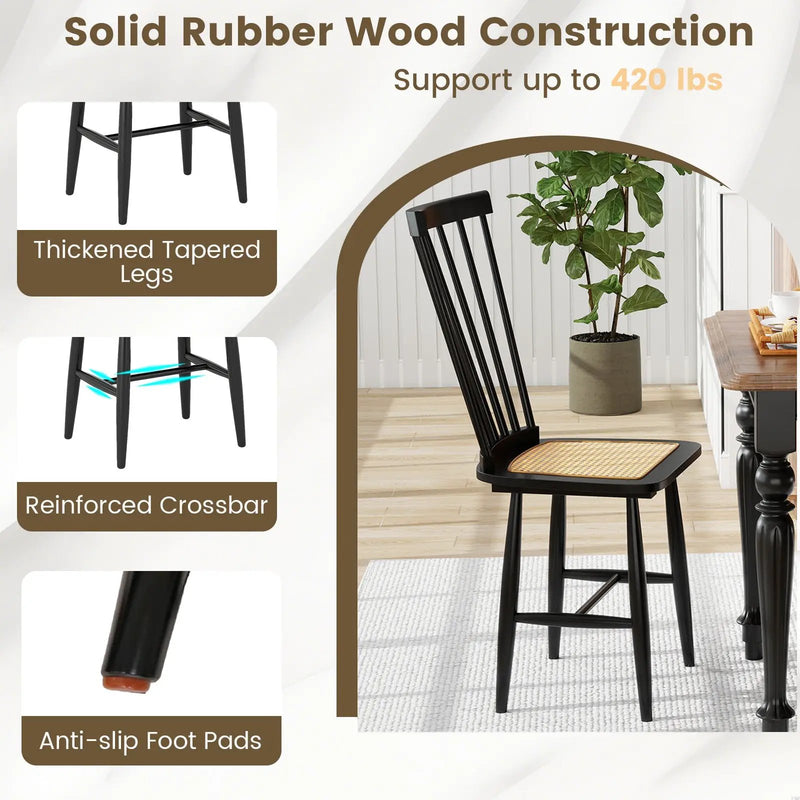Farmhouse Solid Rubber Wood Dining Chairs Set of 2 with PE Rattan Seats-Black by DirectDeals