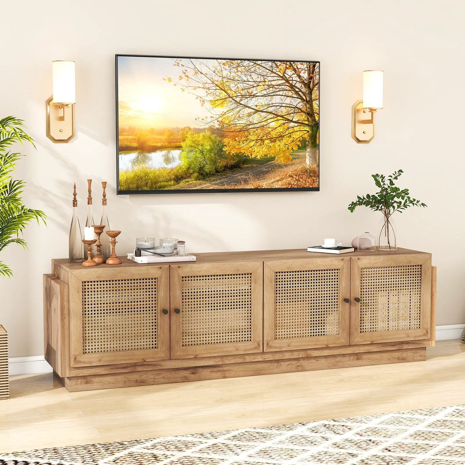 Farmhouse TV Stand for TVs up to 75 Inches with 2 Cabinets-Oak by DirectDeals
