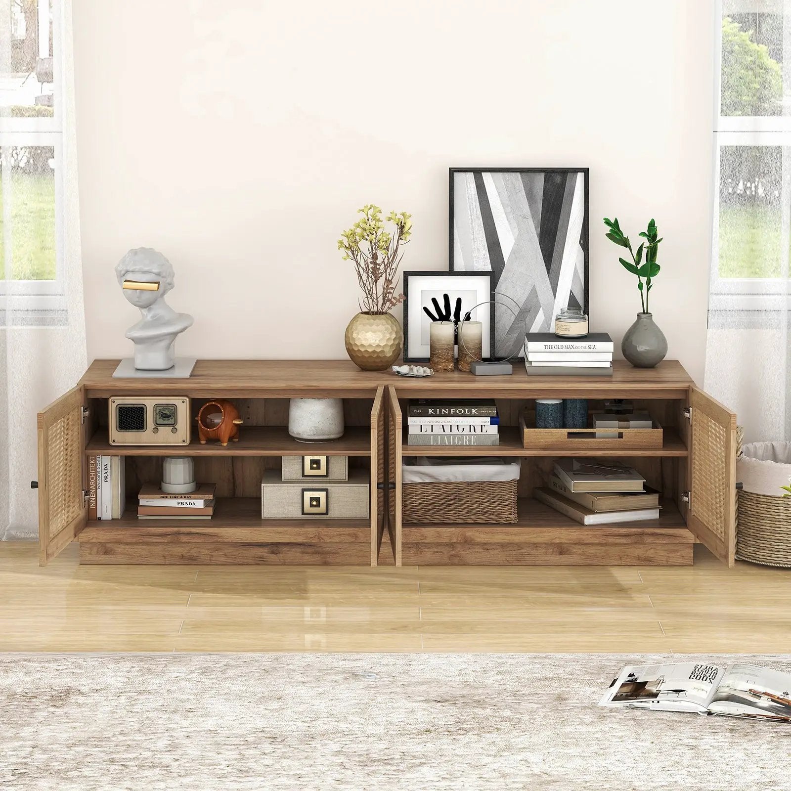Farmhouse TV Stand for TVs up to 75 Inches with 2 Cabinets-Oak by DirectDeals