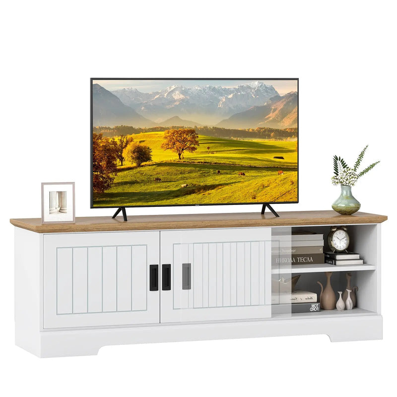 Farmhouse TV Stand for TVs up to 65 Inch with Sliding Doors and Storage Cabinets-White by DirectDeals