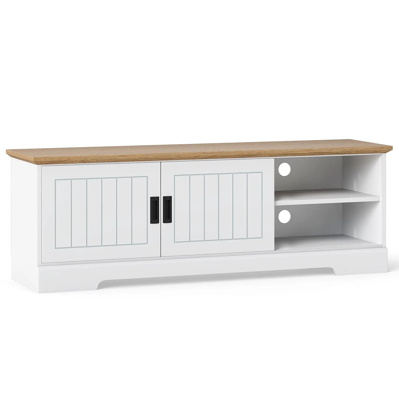 Farmhouse TV Stand for TVs up to 65 Inch with Sliding Doors and Storage Cabinets-White by DirectDeals