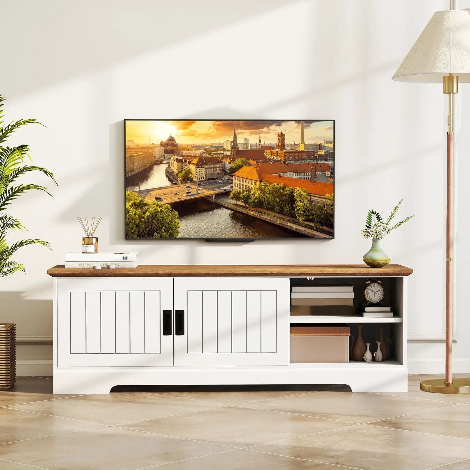 Farmhouse TV Stand for TVs up to 65 Inch with Sliding Doors and Storage Cabinets-White by DirectDeals