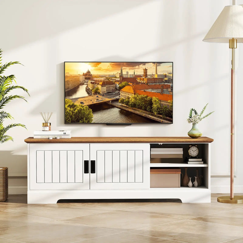 Farmhouse TV Stand for TVs up to 65 Inch with Sliding Doors and Storage Cabinets-White by DirectDeals