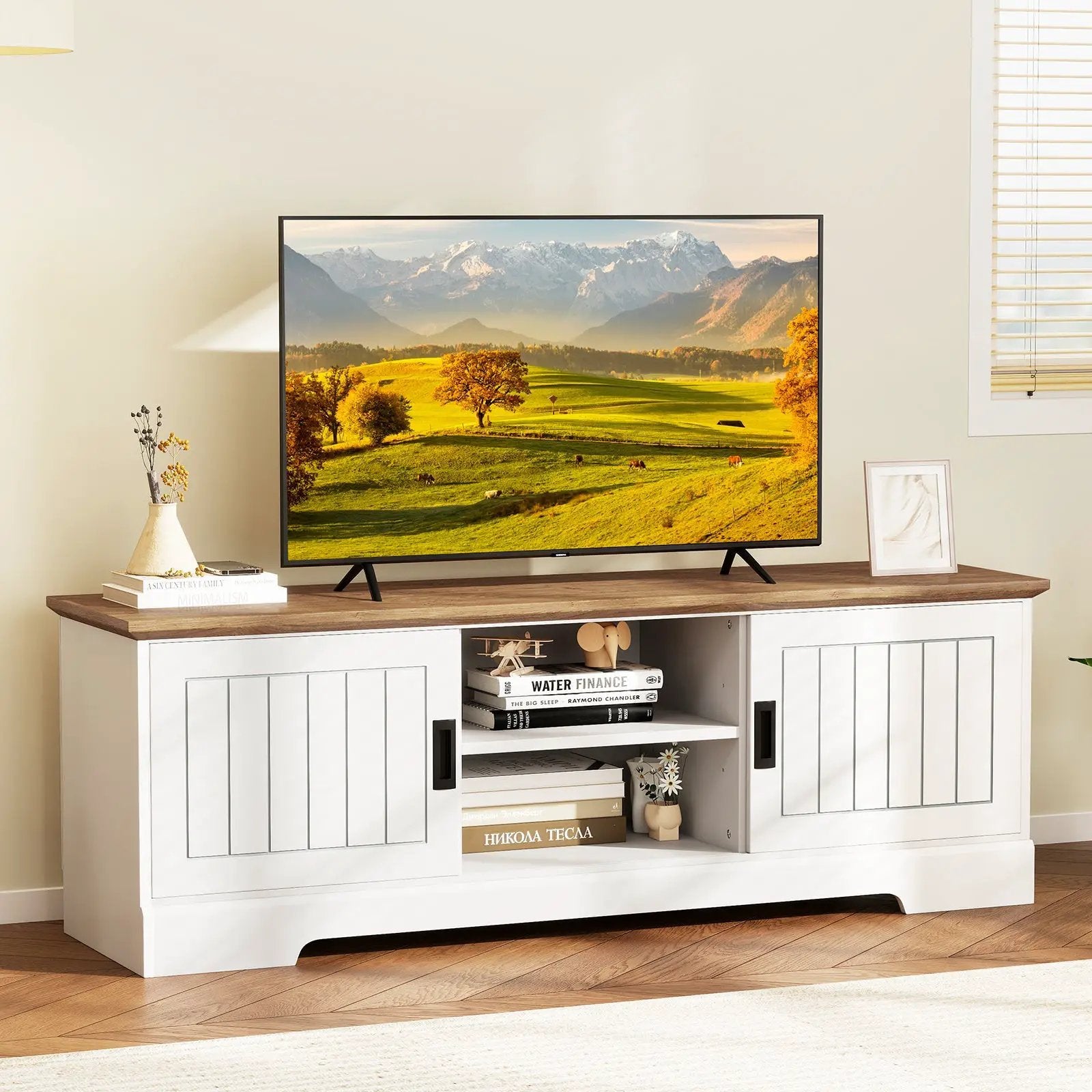 Farmhouse TV Stand for TVs up to 65 Inch with Sliding Doors and Storage Cabinets-White by DirectDeals