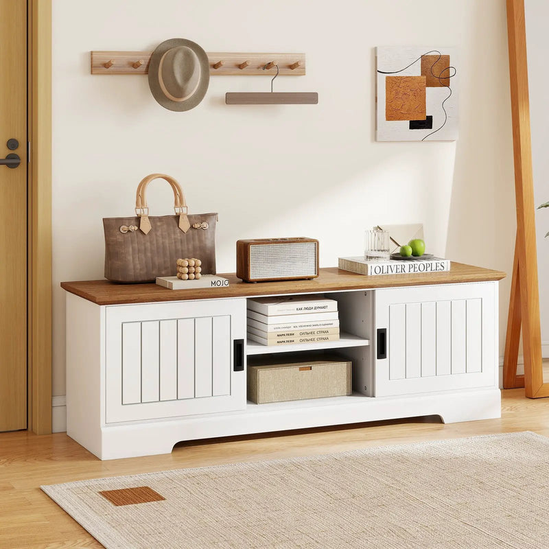 Farmhouse TV Stand for TVs up to 65 Inch with Sliding Doors and Storage Cabinets-White by DirectDeals