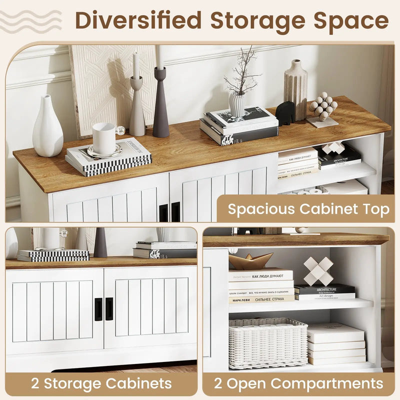Farmhouse TV Stand for TVs up to 65 Inch with Sliding Doors and Storage Cabinets-White by DirectDeals