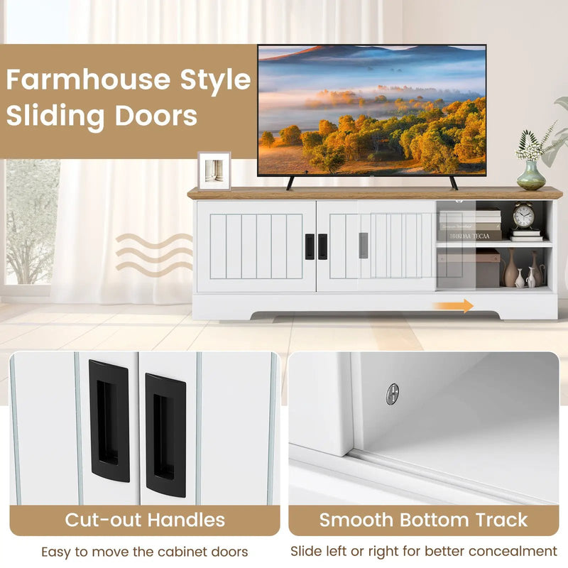 Farmhouse TV Stand for TVs up to 65 Inch with Sliding Doors and Storage Cabinets-White by DirectDeals