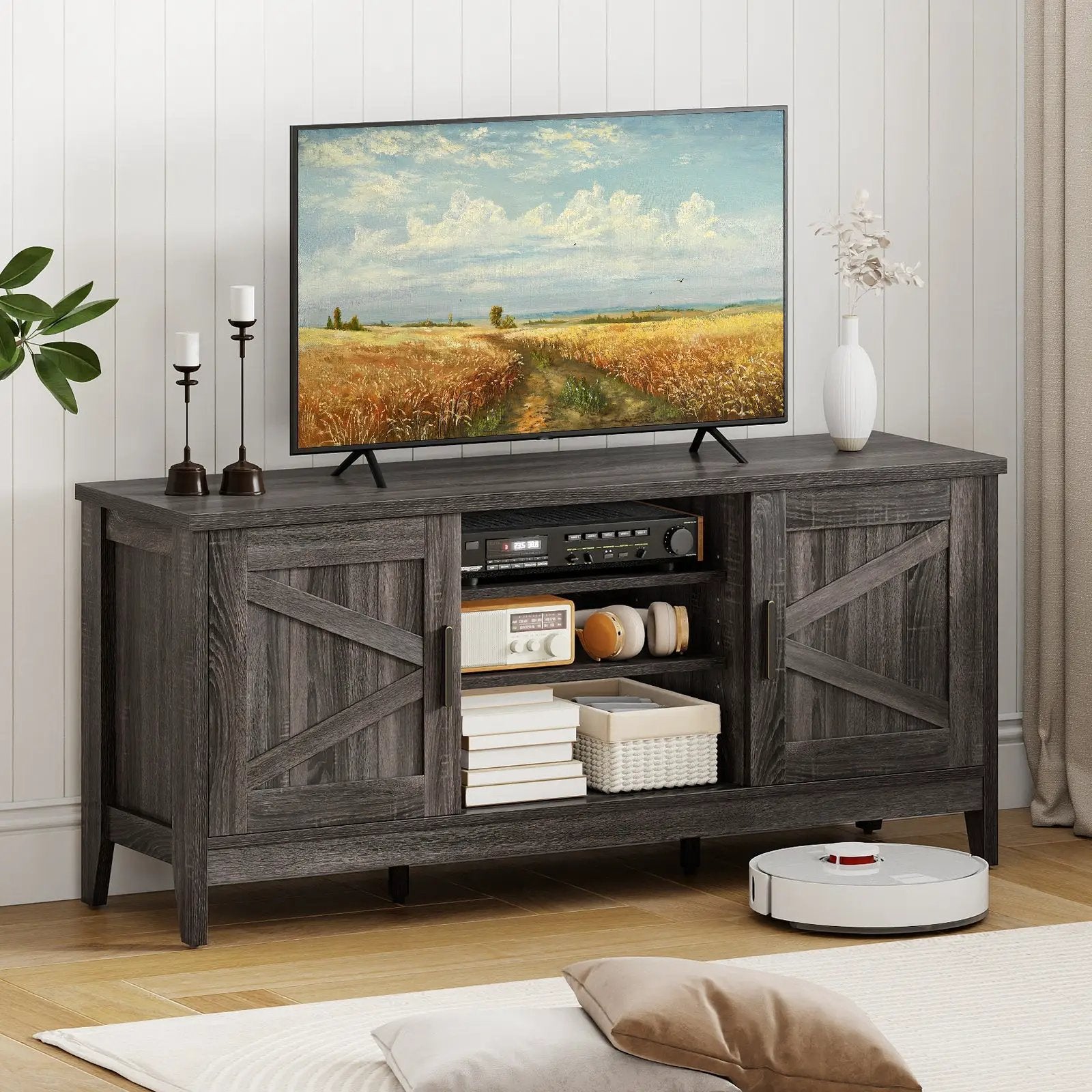 Farmhouse TV Stand for TVs up to 65 Inch Entertainment Center with 2 Storage Cabinets-Gray by DirectDeals