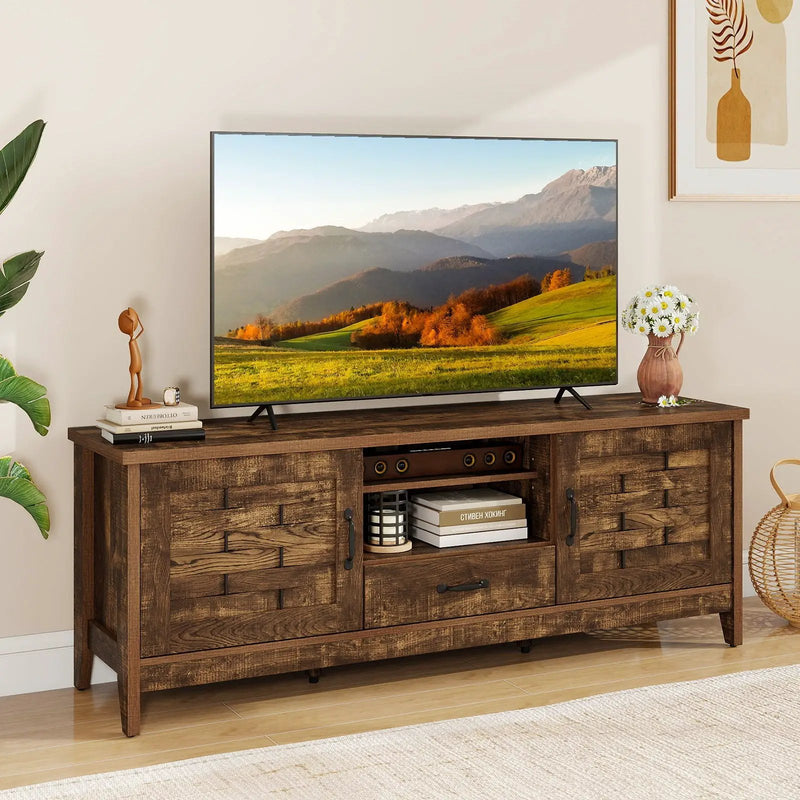 Farmhouse TV Stand for 65 Inch TVs with 2 Woven Accent Doors and 3 Adjustable Shelves by DirectDeals