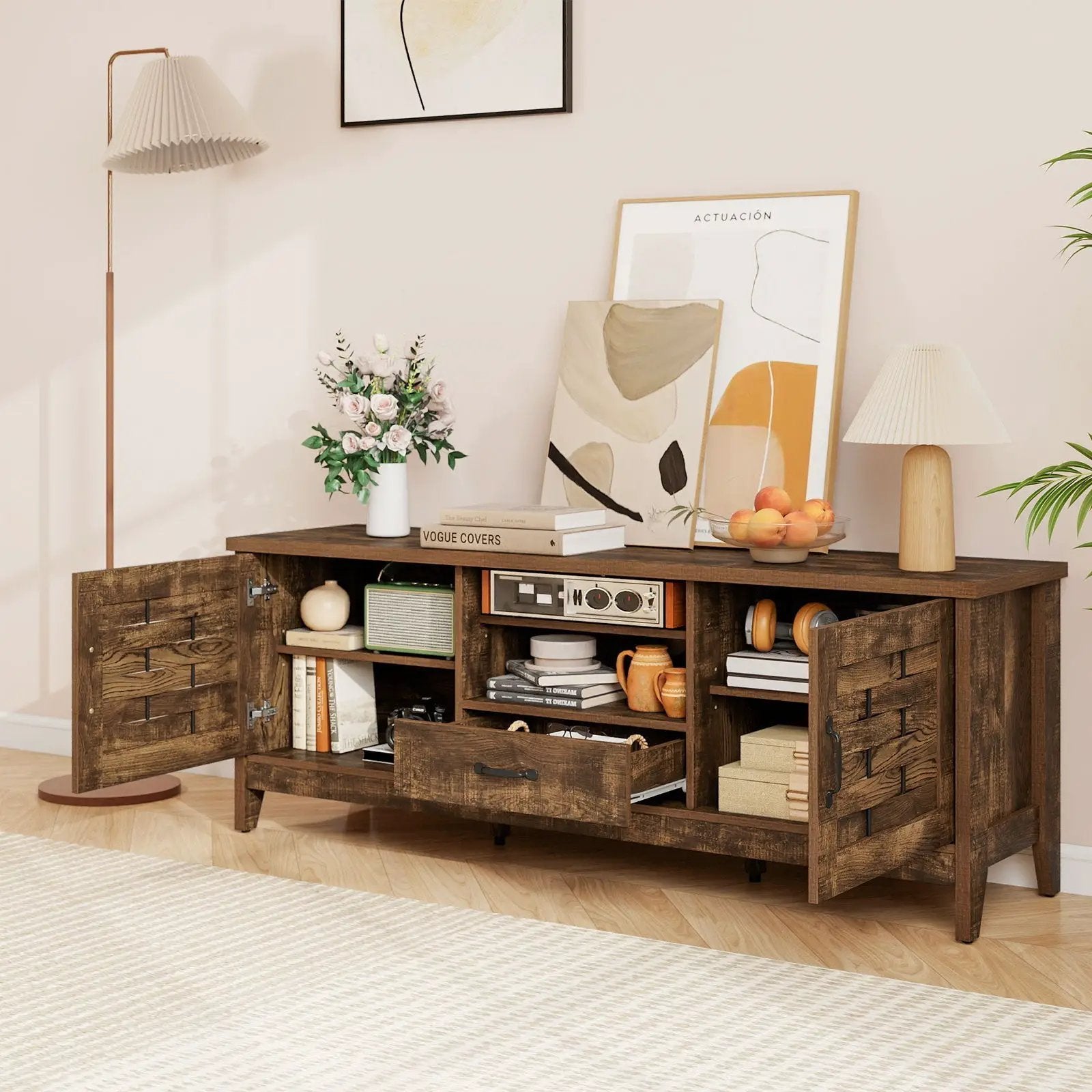 Farmhouse TV Stand for 65 Inch TVs with 2 Woven Accent Doors and 3 Adjustable Shelves by DirectDeals