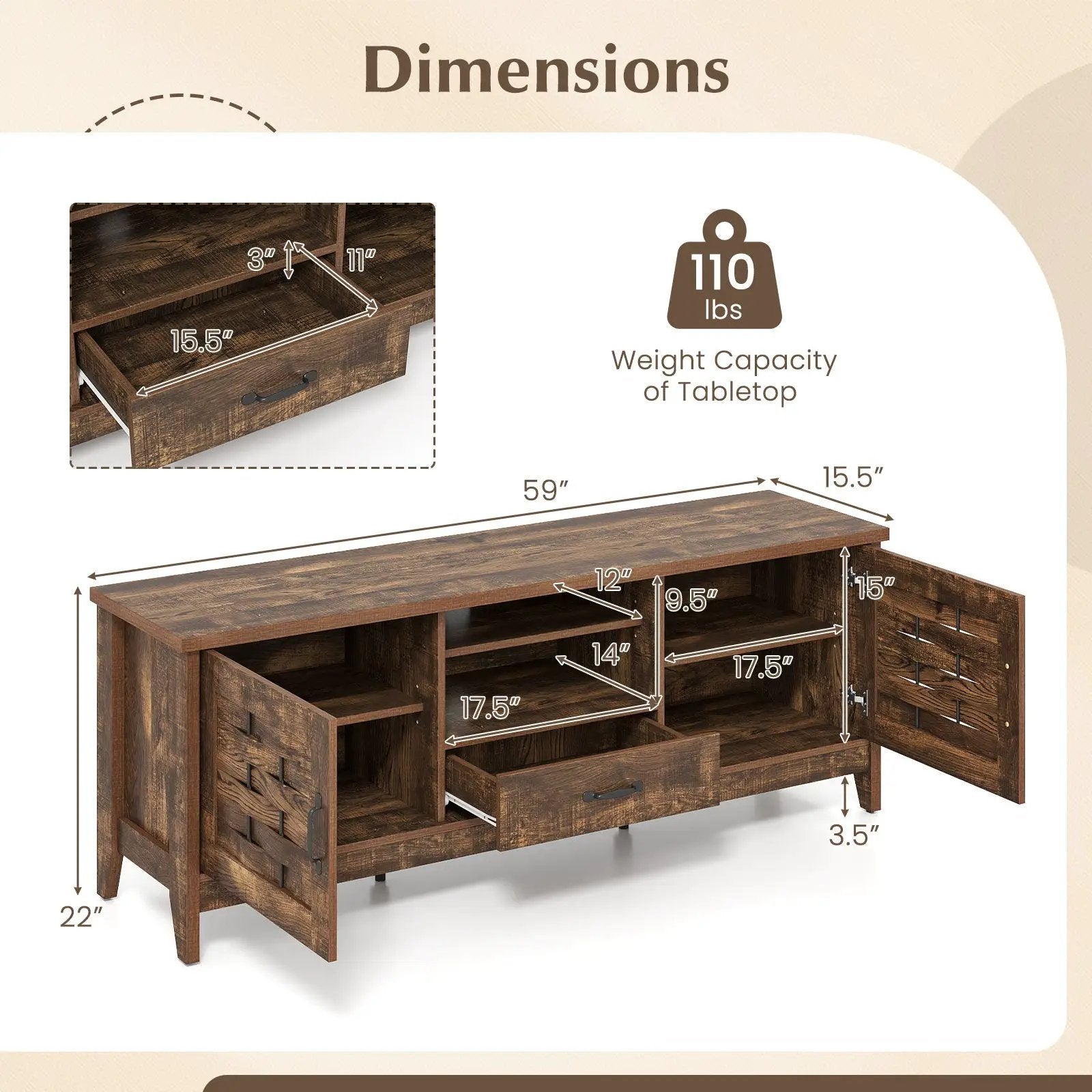 Farmhouse TV Stand for 65 Inch TVs with 2 Woven Accent Doors and 3 Adjustable Shelves by DirectDeals