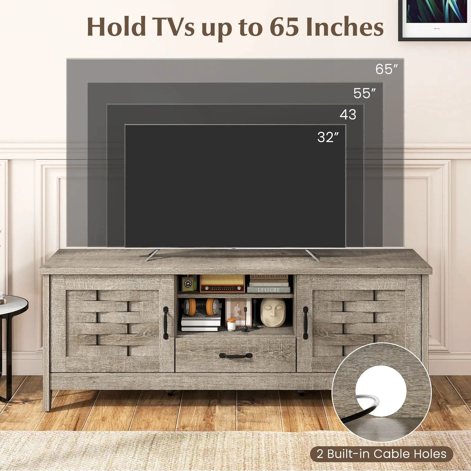 Farmhouse TV Stand for 65 Inch TVs with 2 Woven Accent Doors and 3 Adjustable Shelves by DirectDeals