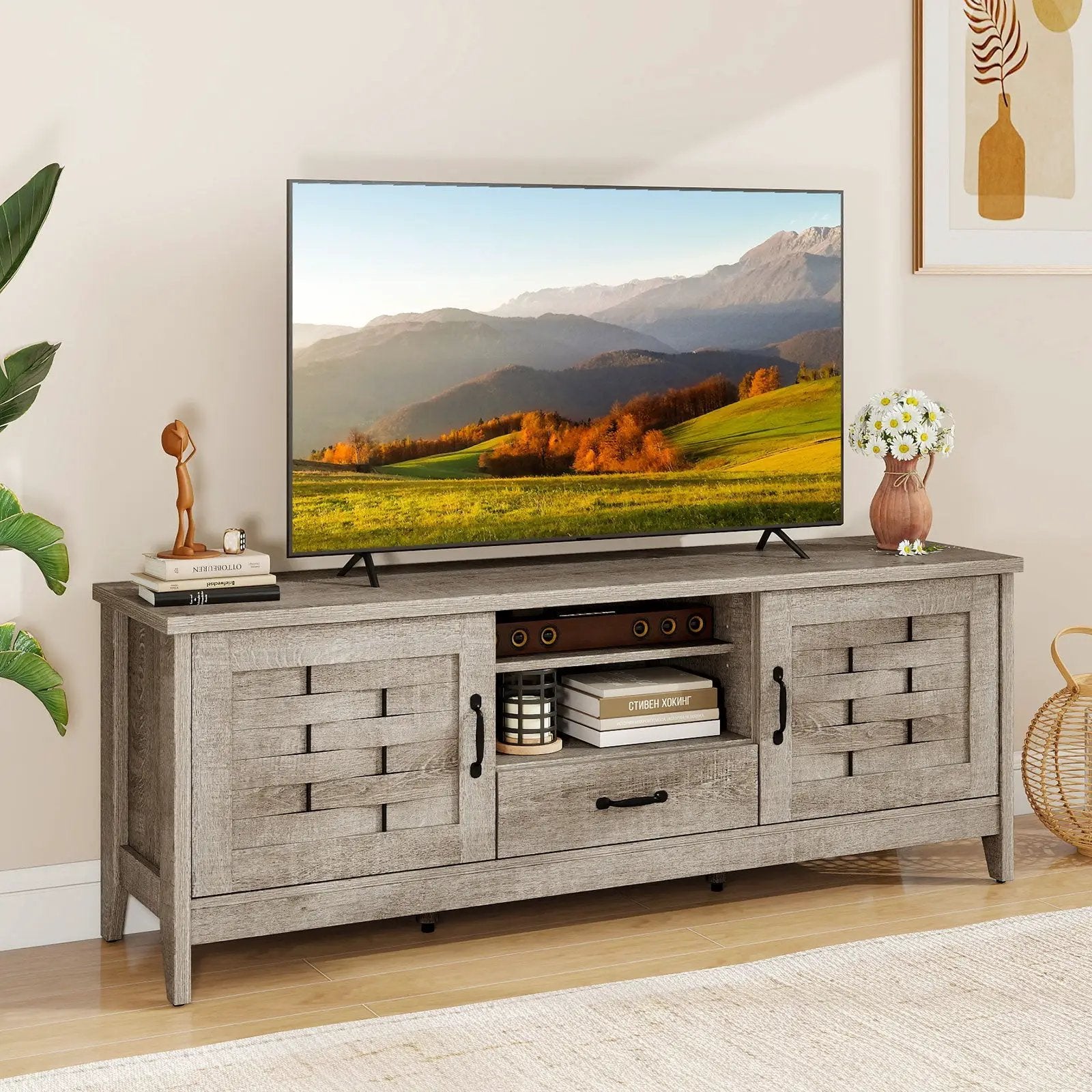 Farmhouse TV Stand for 65 Inch TVs with 2 Woven Accent Doors and 3 Adjustable Shelves by DirectDeals
