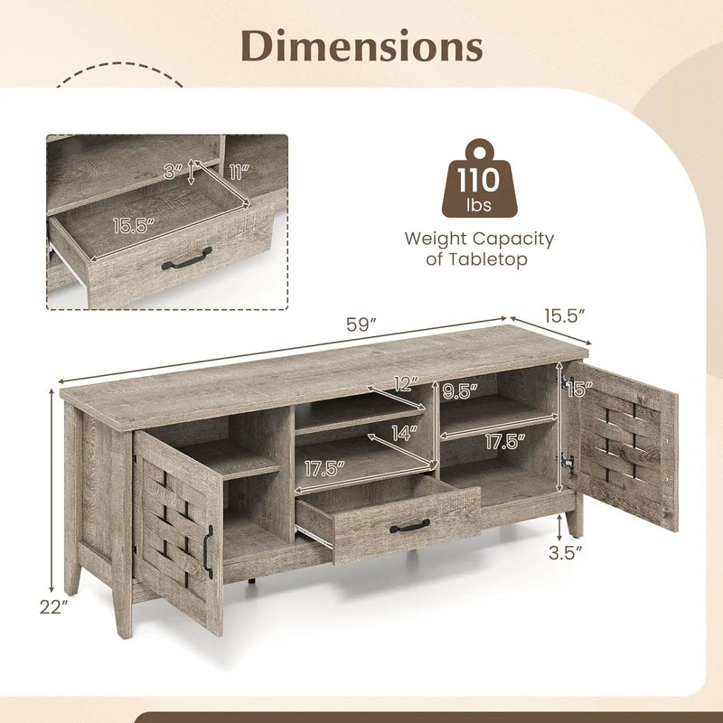 Farmhouse TV Stand for 65 Inch TVs with 2 Woven Accent Doors and 3 Adjustable Shelves by DirectDeals