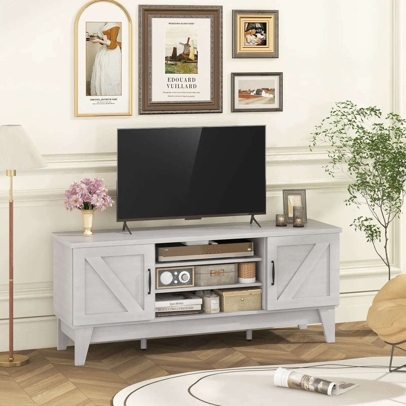 Farmhouse TV Stand for TVs Up to 65 Inches with 2 Barn Door Cabinets-Gray by DirectDeals