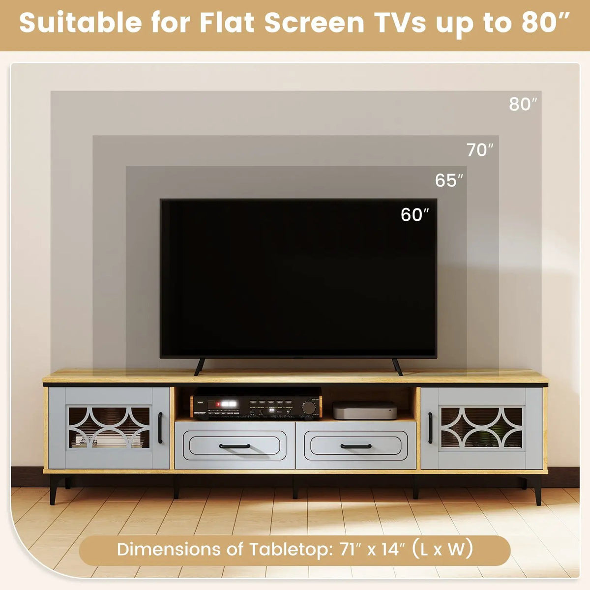 Farmhouse TV Stand for TVs up to 80 Inch with 2 Drawers, photo 6 of 9