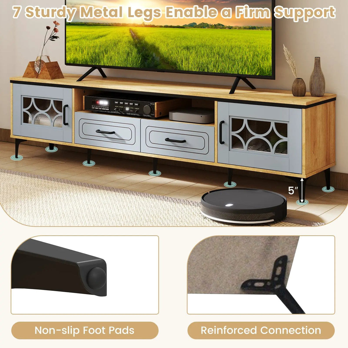 Farmhouse TV Stand for TVs up to 80 Inch with 2 Drawers, photo 7 of 9