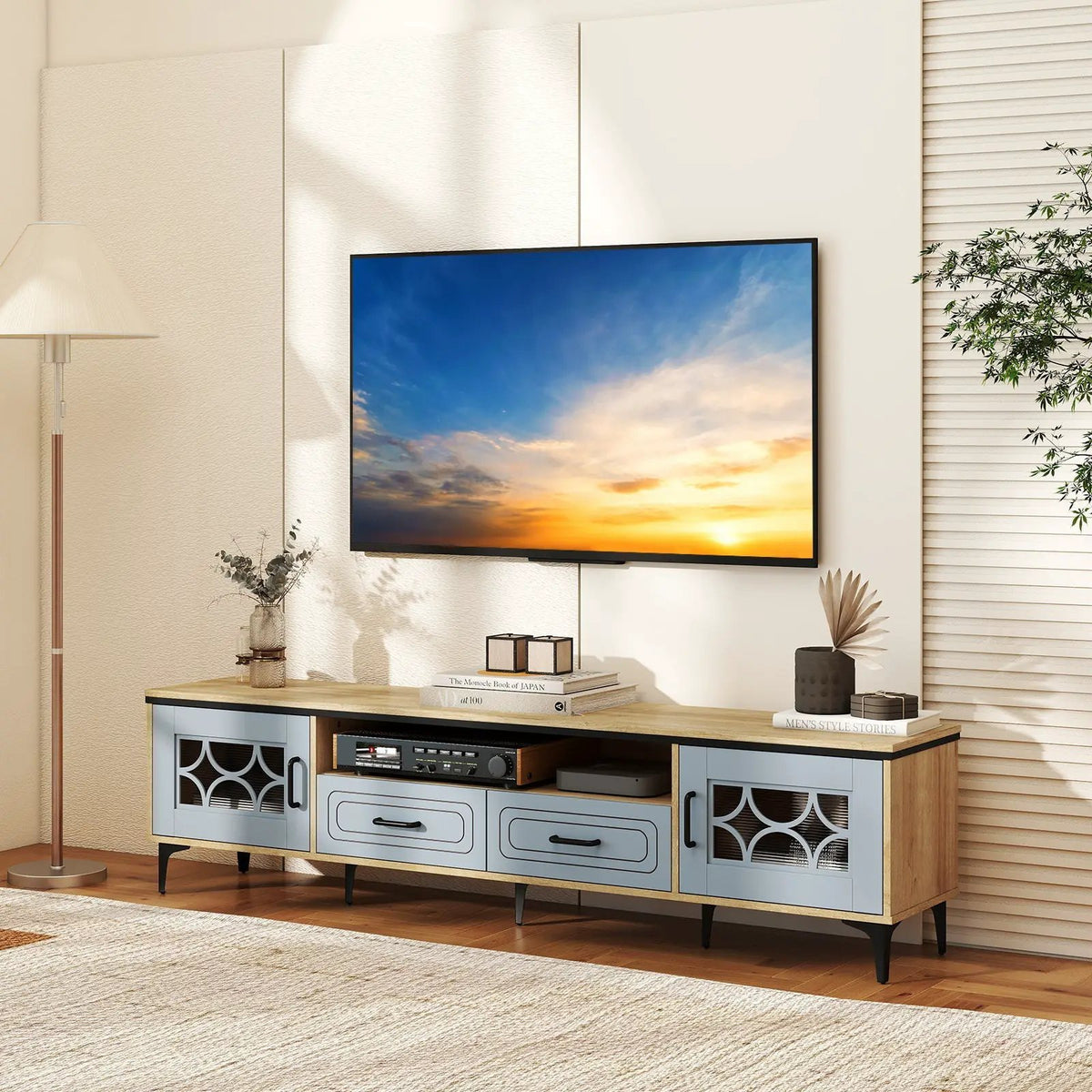 Farmhouse TV Stand for TVs up to 80 Inch with 2 Drawers, photo 2 of 9